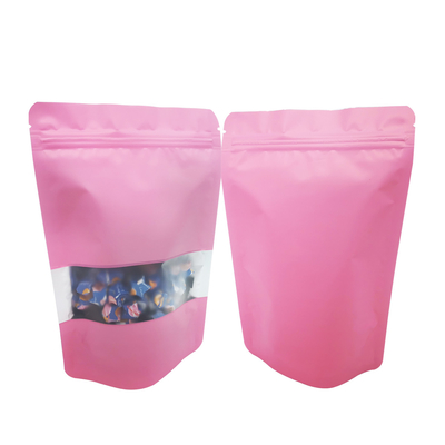 ซื้อ หนาว ปิดปิด ปิดปิดใหม่ เนื้อผงสีชมพูแข็ง Mylar ยืนขึ้น ซิปเปอร์กระเป๋ากระเป๋าด้วยหน้าต่างสําหรับการบรรจุอาหาร online manufacture