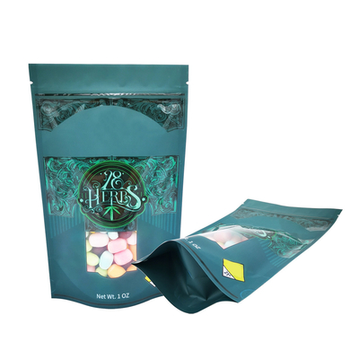 1 OZ Matte Spot UV Print กระเป๋ายืนพร้อม Ziplock และหน้าต่างที่ปิดได้ใหม่ สําหรับบรรจุยาบ้า, สมุนไพร, ของหวาน