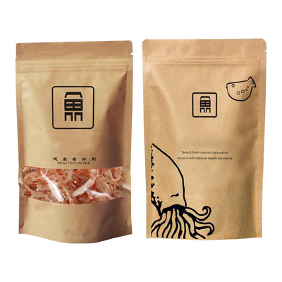 กระเป๋ากระดาษ Kraft ที่ยืนยืนพิมพ์พร้อมกับซิป พร้อมหน้าต่างที่ใส Matte สําหรับบรรจุอาหารทะเลแห้ง